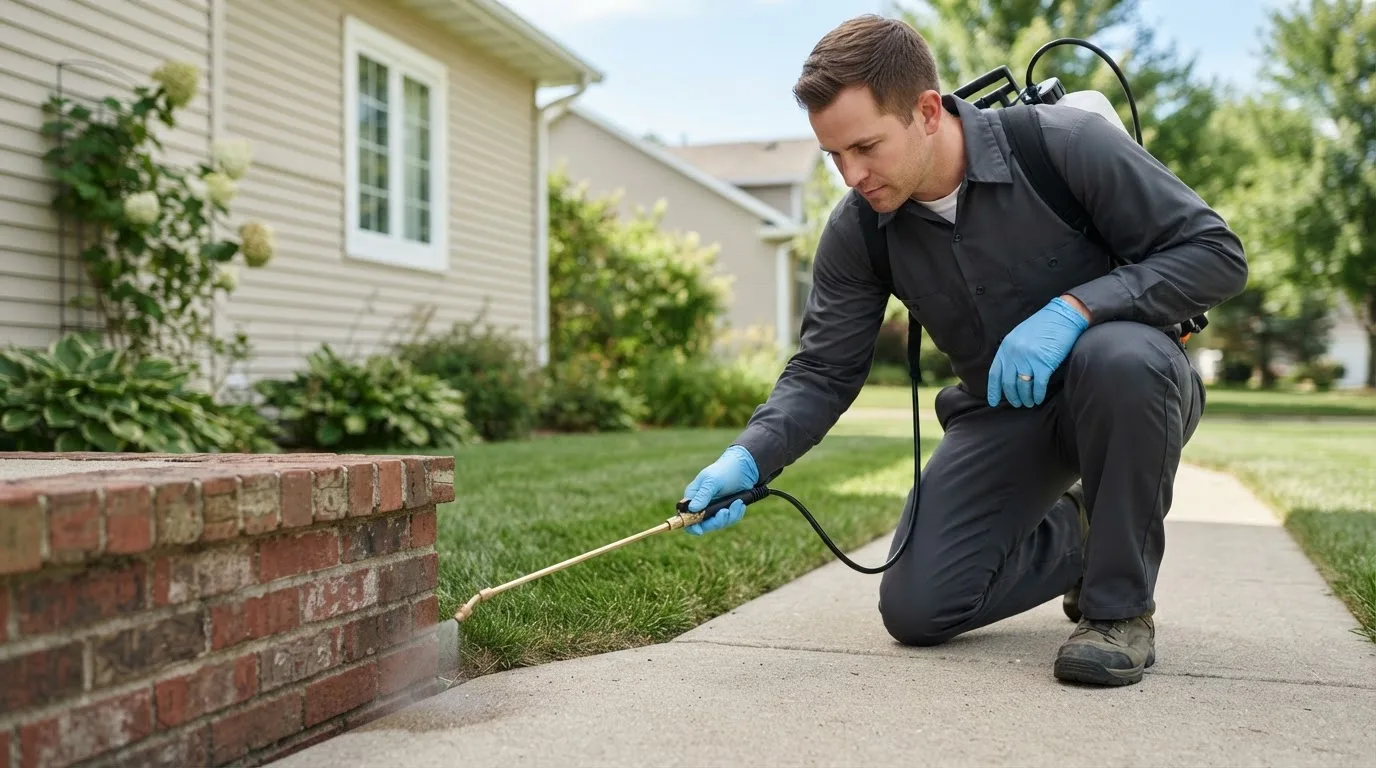 Pest control technician treating a home near Parnell, IA