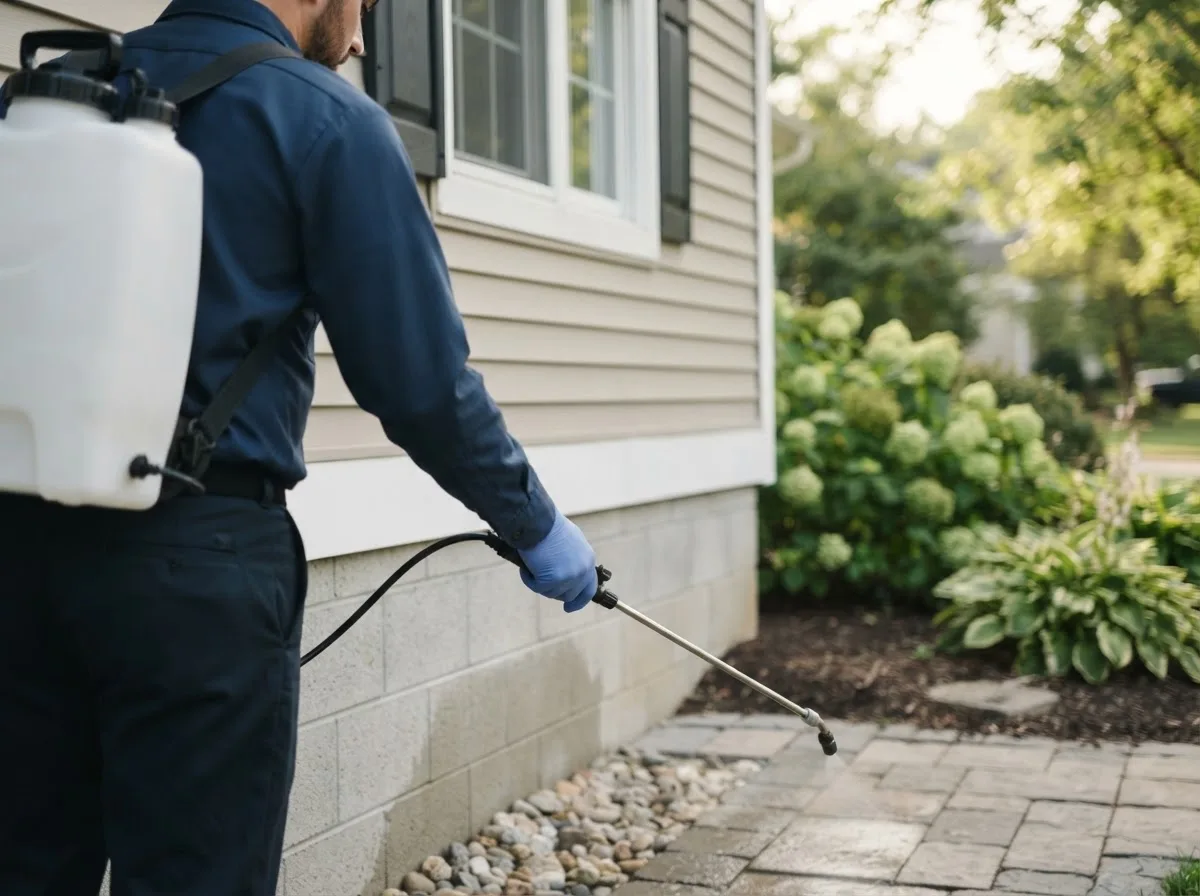 Pest control technician inspecting a home in Parnell, IA